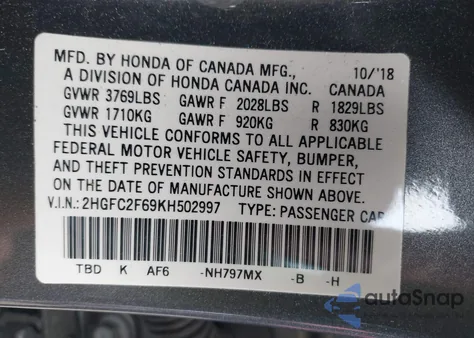 2019 Honda Civic Lx z USA, uszkodzony, nr VIN 2HGFC2F69KH502997